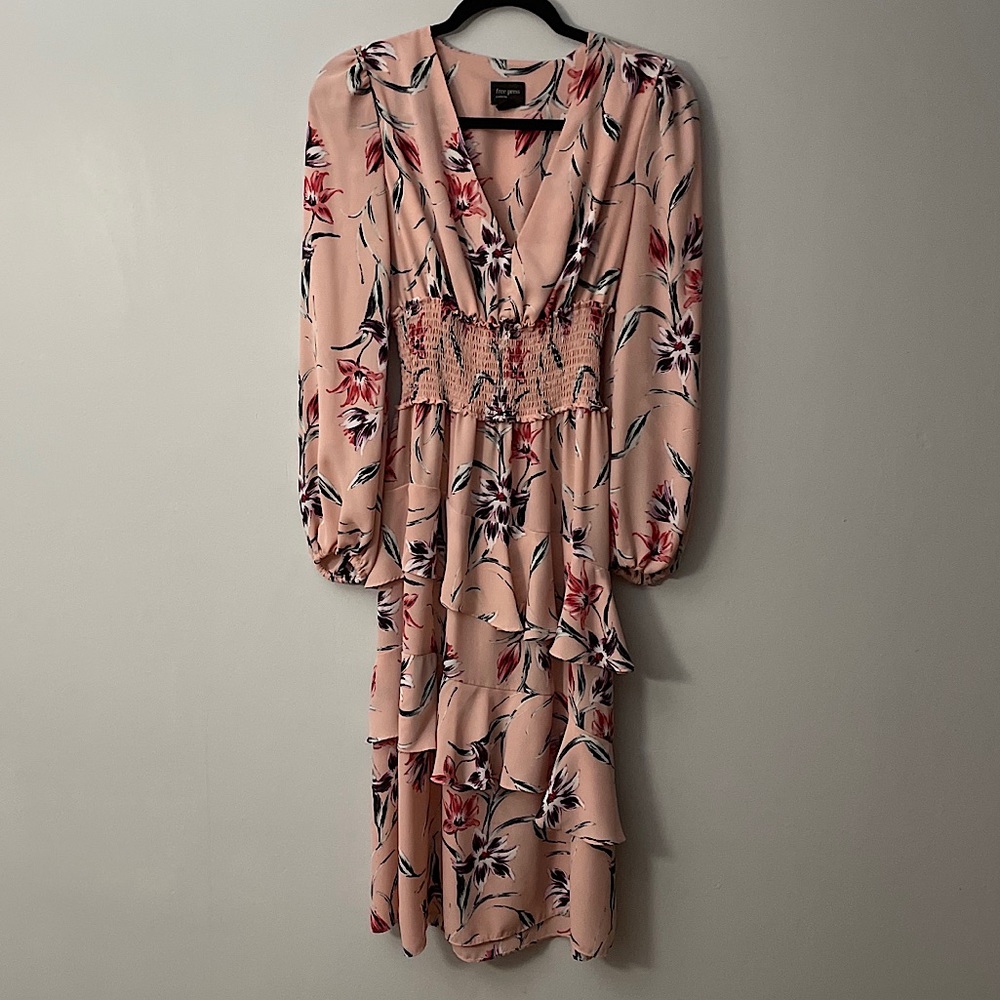 FREE PRESS V-Neck Long Sleeve Floral Print Midi Dress